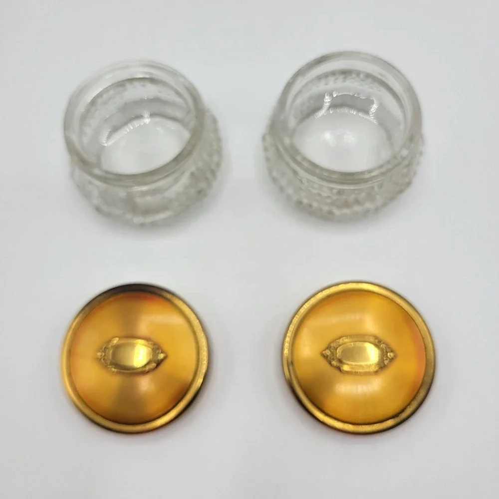 Vintage Art Deco Powder Dresser Glass Trinket Jars With Gold Brass Lids